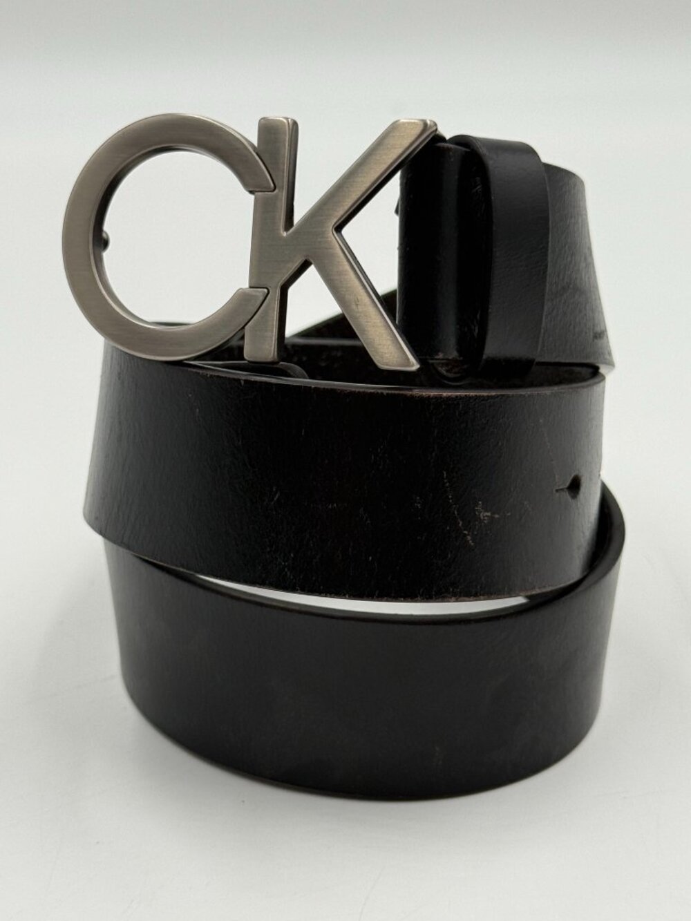 Calvin Klein CK Monogram Cut Out Buckle Belt Mens S 30-32 Black Genuine Leather